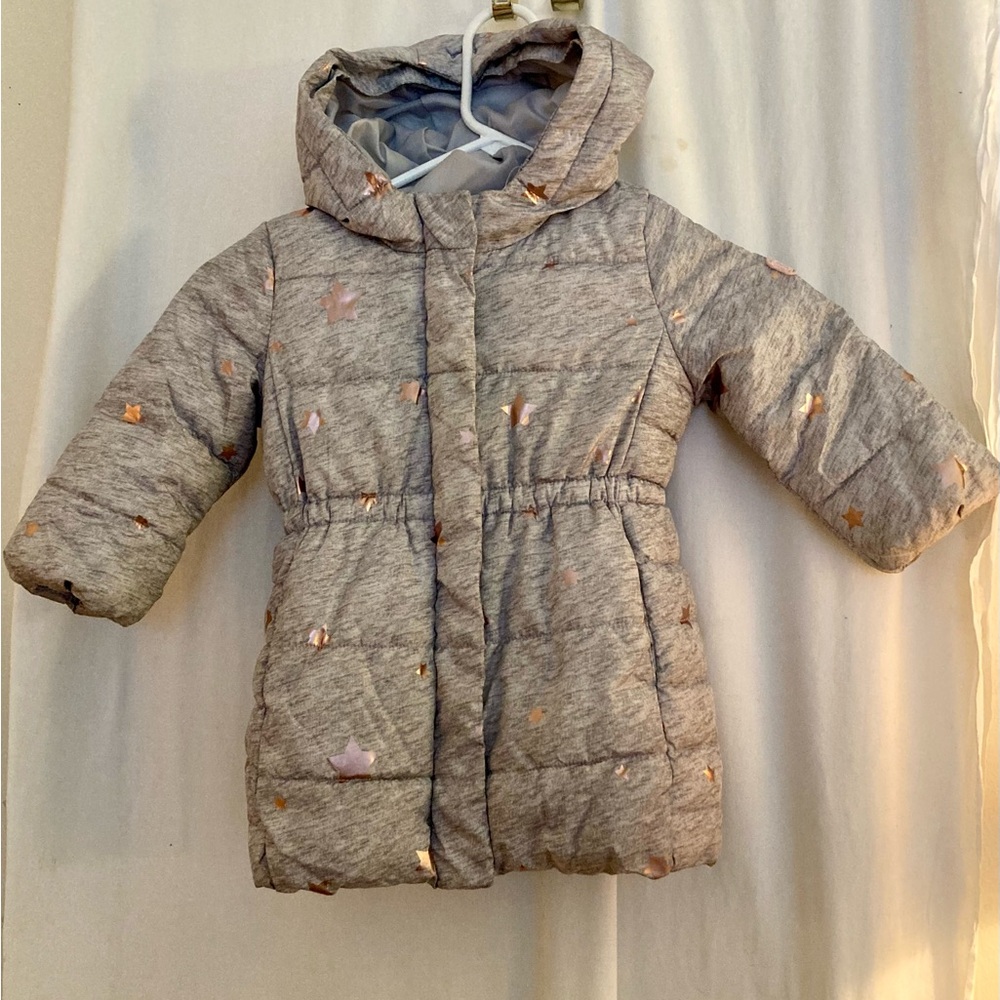 GAP Baby Gray Hooded Puffer Coat Good Star Design Size 2T